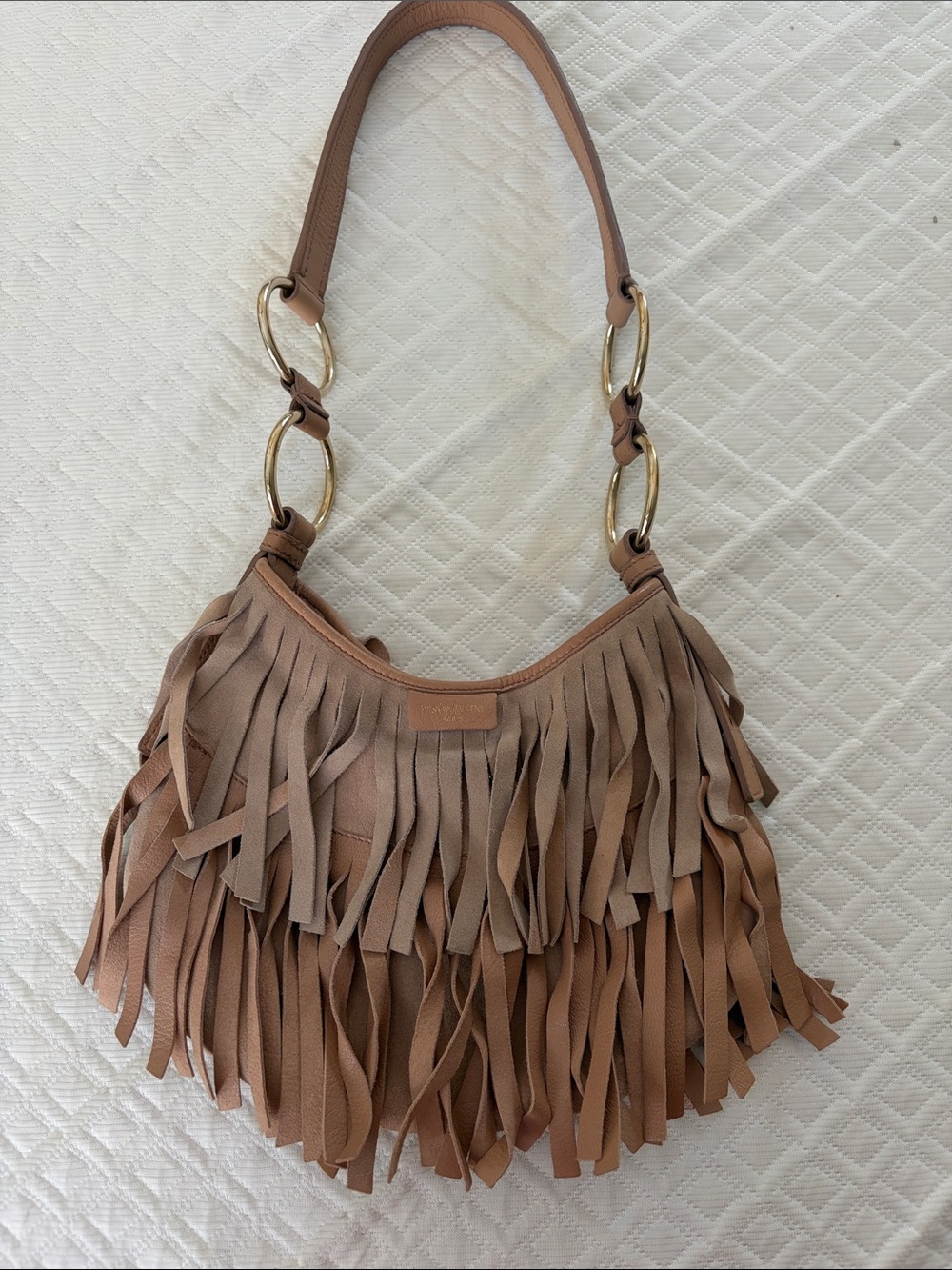 Yves Saint Laurent Taupe Fringe Shoulder Bag with Gold Rings